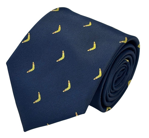 navy dark blue tie with Australian boomerang design